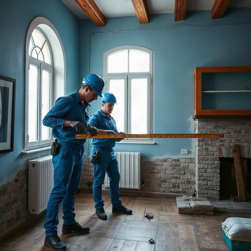 Delavca v modri delovni opremi merita prostor v obnovljenem stanovanju